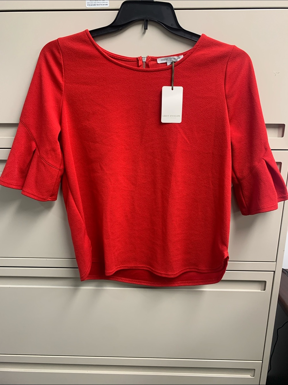 Green Envelope Red Bell-Sleeve Blouse